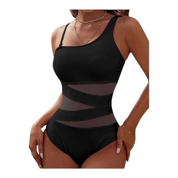 Blooming Jelly One Shoulder Slimming Black One Piece Swimsuit w/ Sheer Panels - Picture 1 of 12